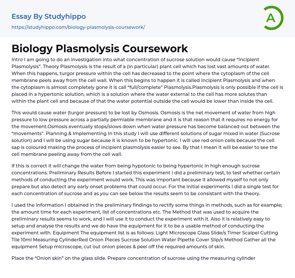 Biology Plasmolysis Coursework Essay Example