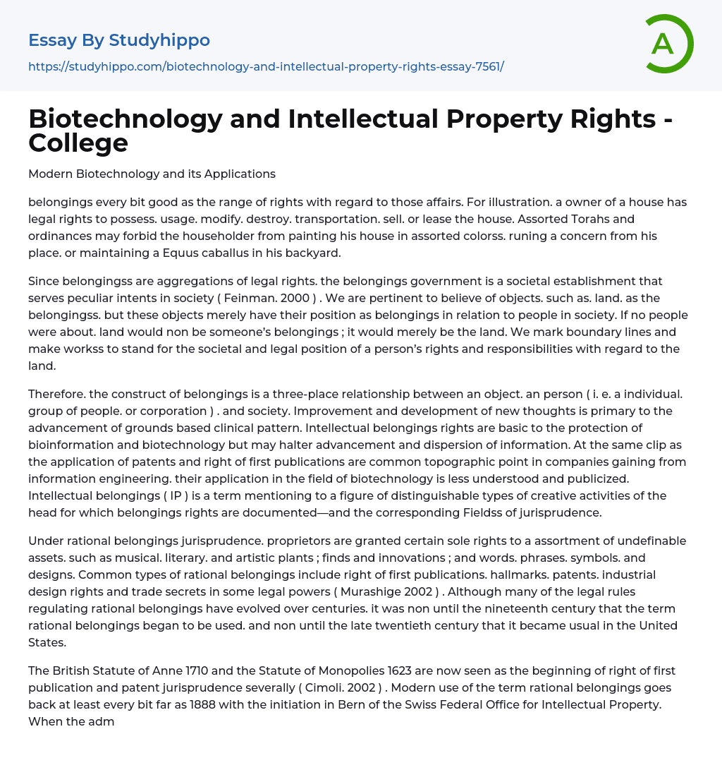 Biotechnology and Intellectual Property Rights – College Essay Example