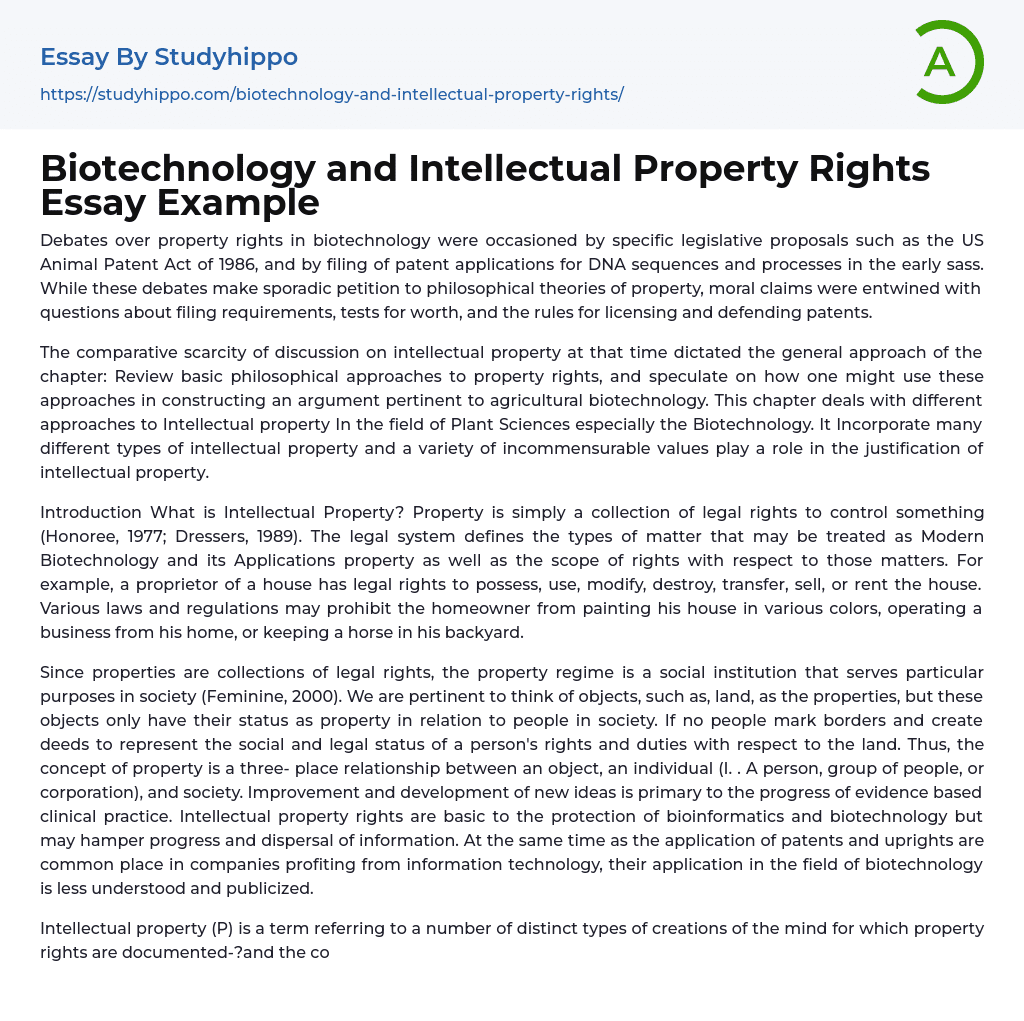 Biotechnology and Intellectual Property Rights Essay Example