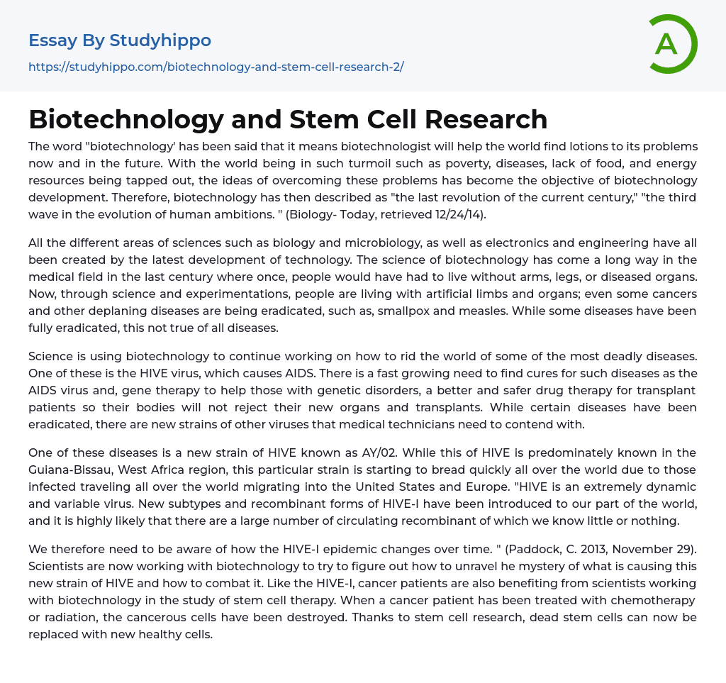 Biotechnology and Stem Cell Research Essay Example