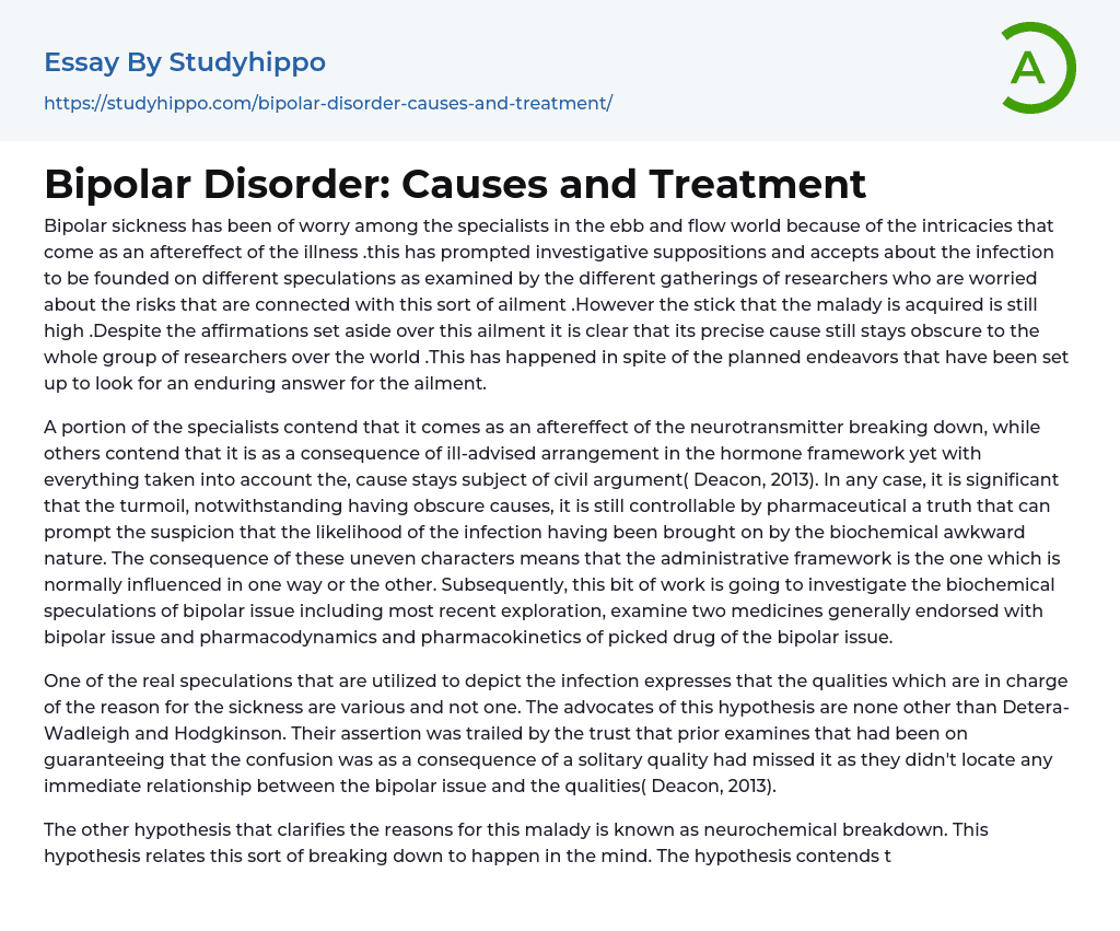 Bipolar Disorder: Causes and Treatment Essay Example