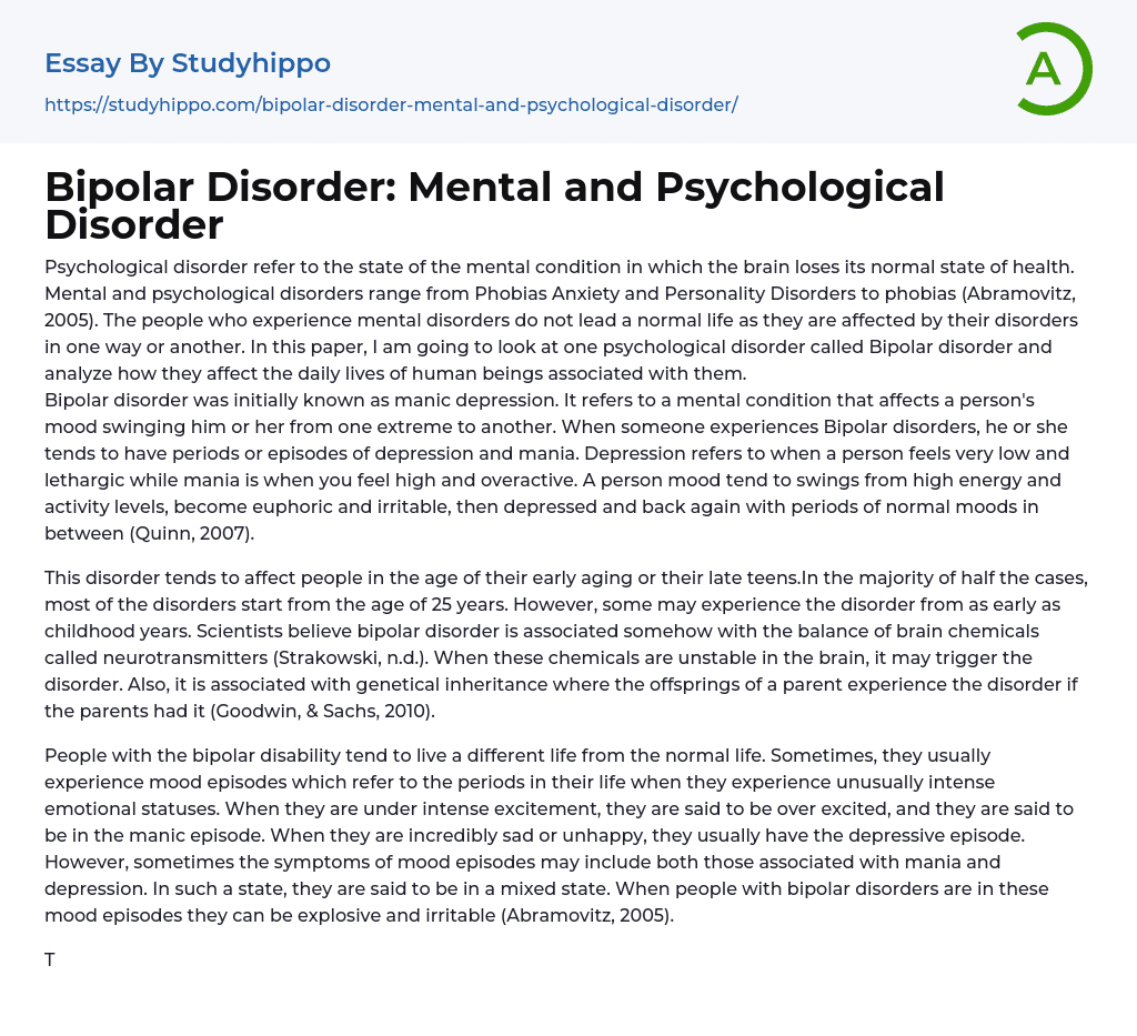 Bipolar Disorder: Mental and Psychological Disorder Essay Example