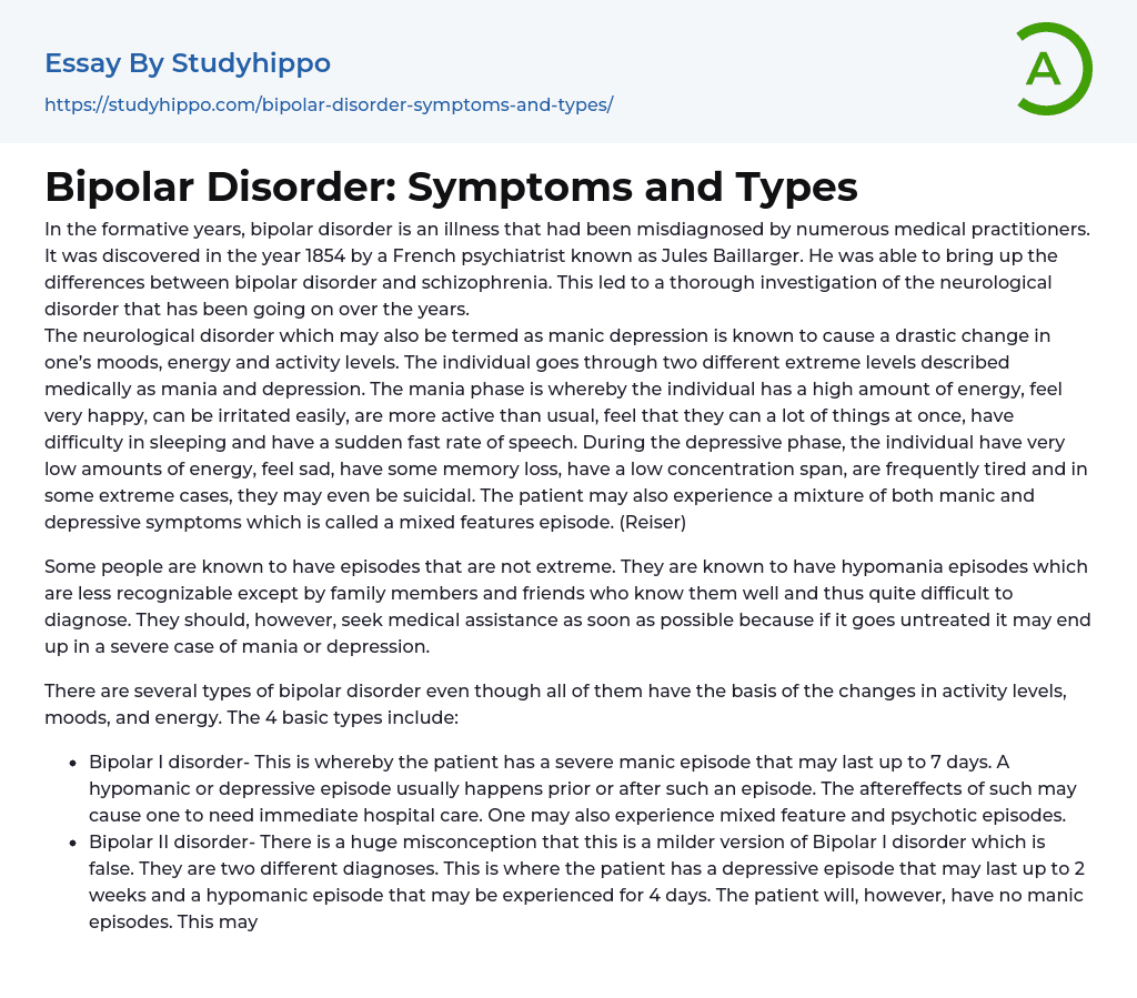 Bipolar Disorder: Symptoms and Types Essay Example