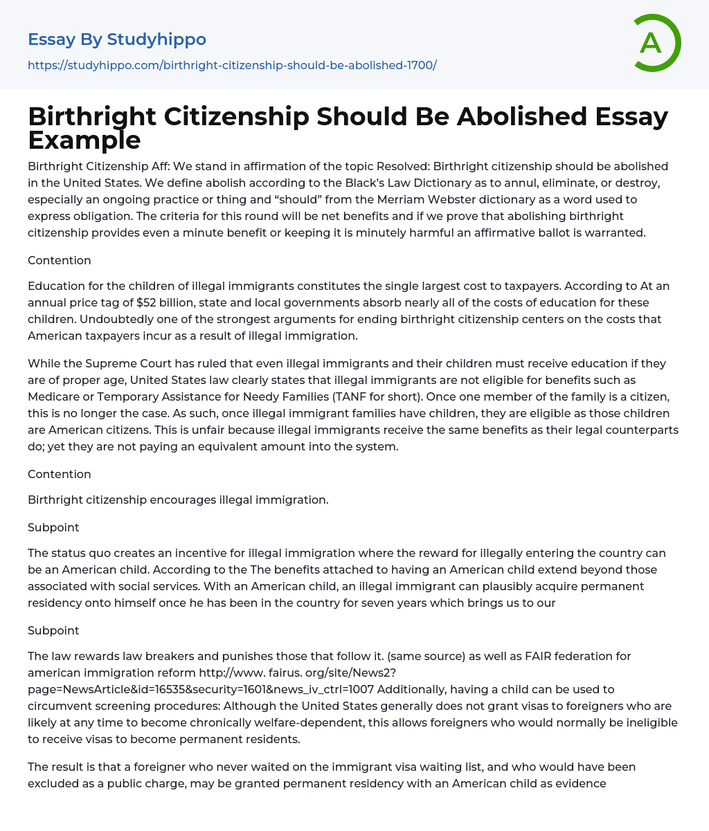 Birthright Citizenship Should Be Abolished Essay Example