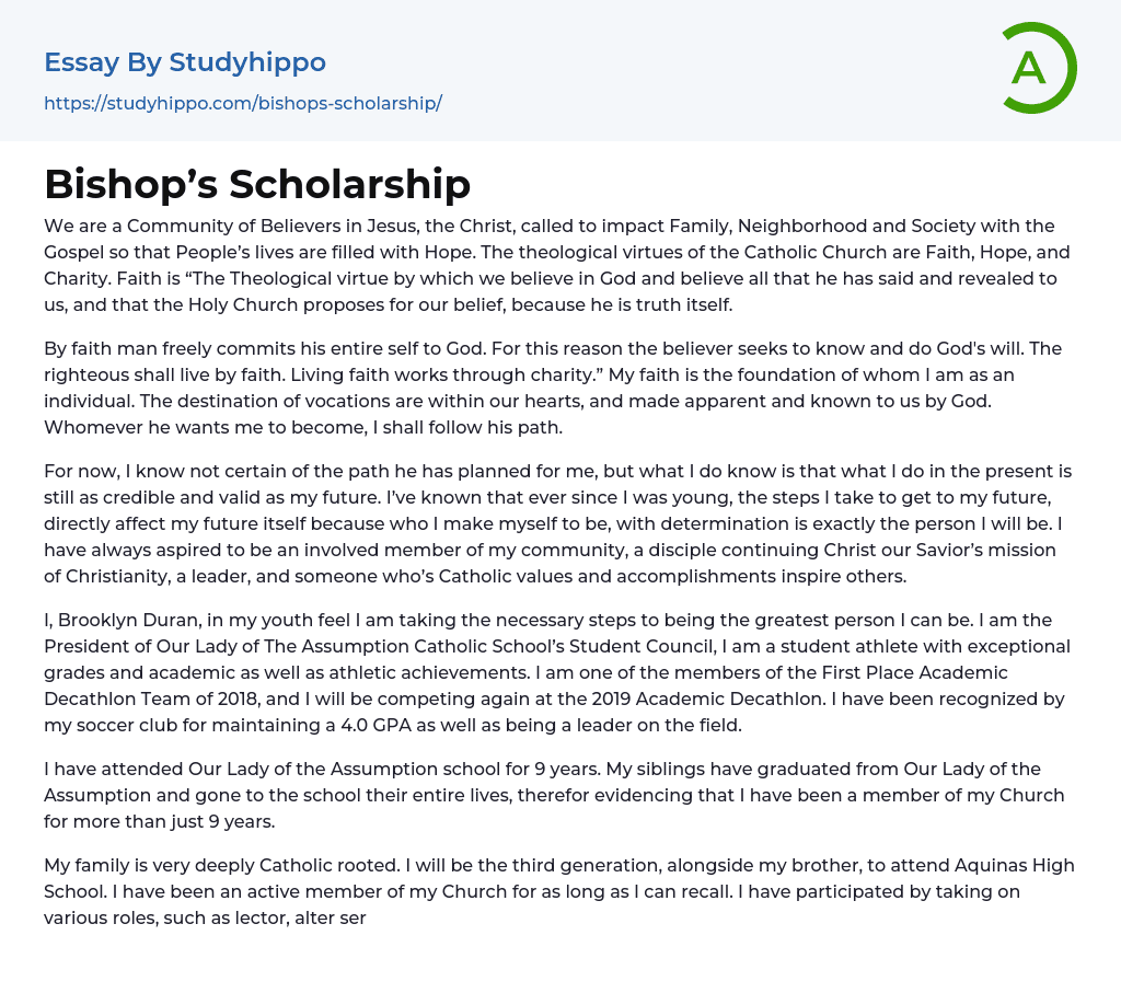 Bishop’s Scholarship Essay Example