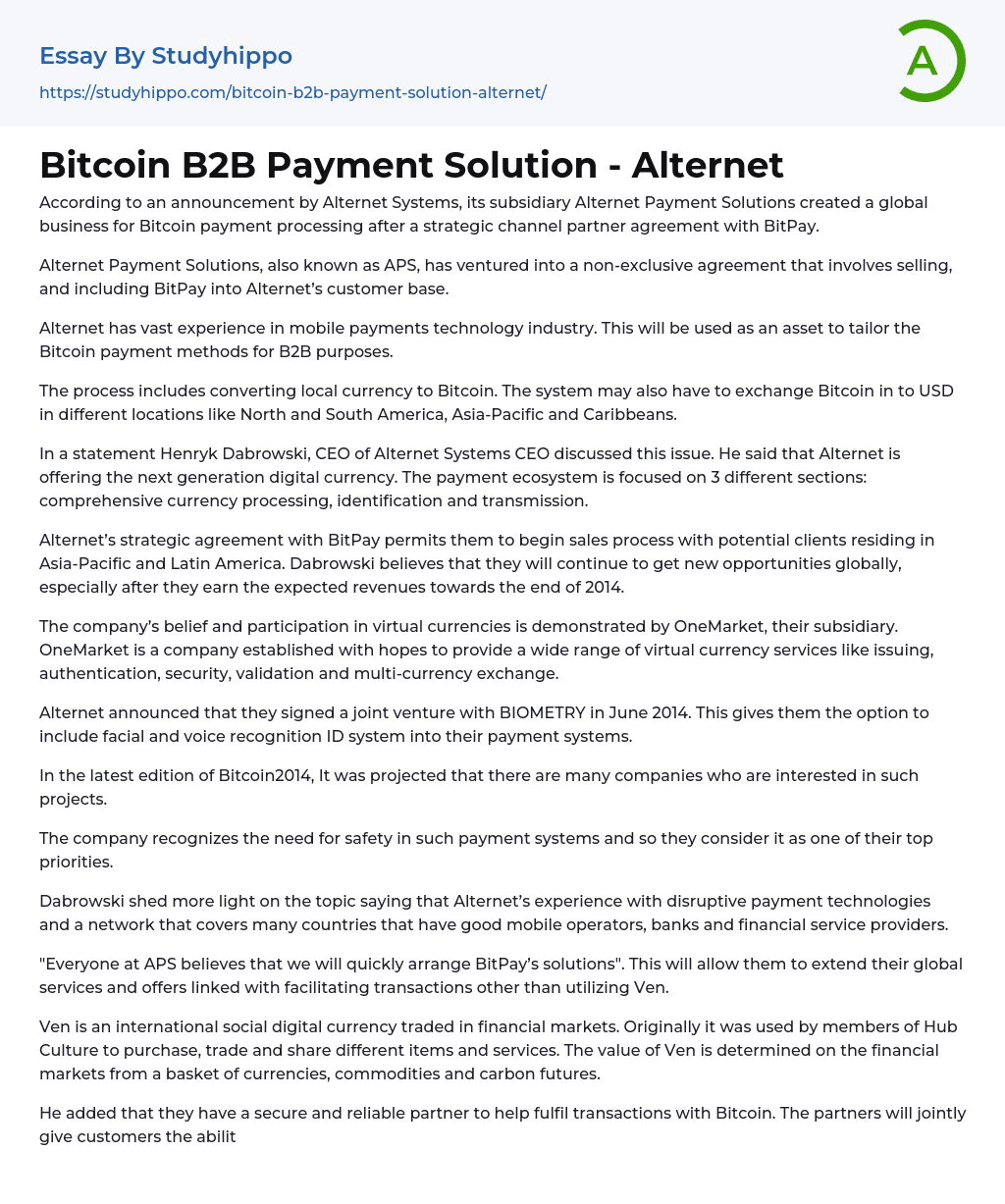 Bitcoin B2B Payment Solution – Alternet Essay Example