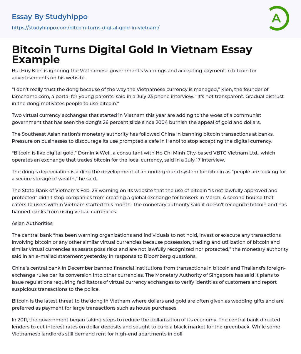 Bitcoin Turns Digital Gold In Vietnam Essay Example