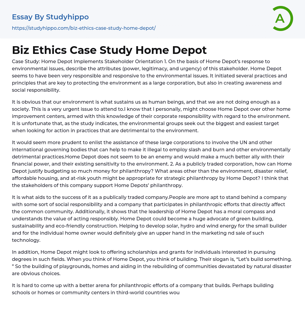Biz Ethics Case Study Home Depot Essay Example