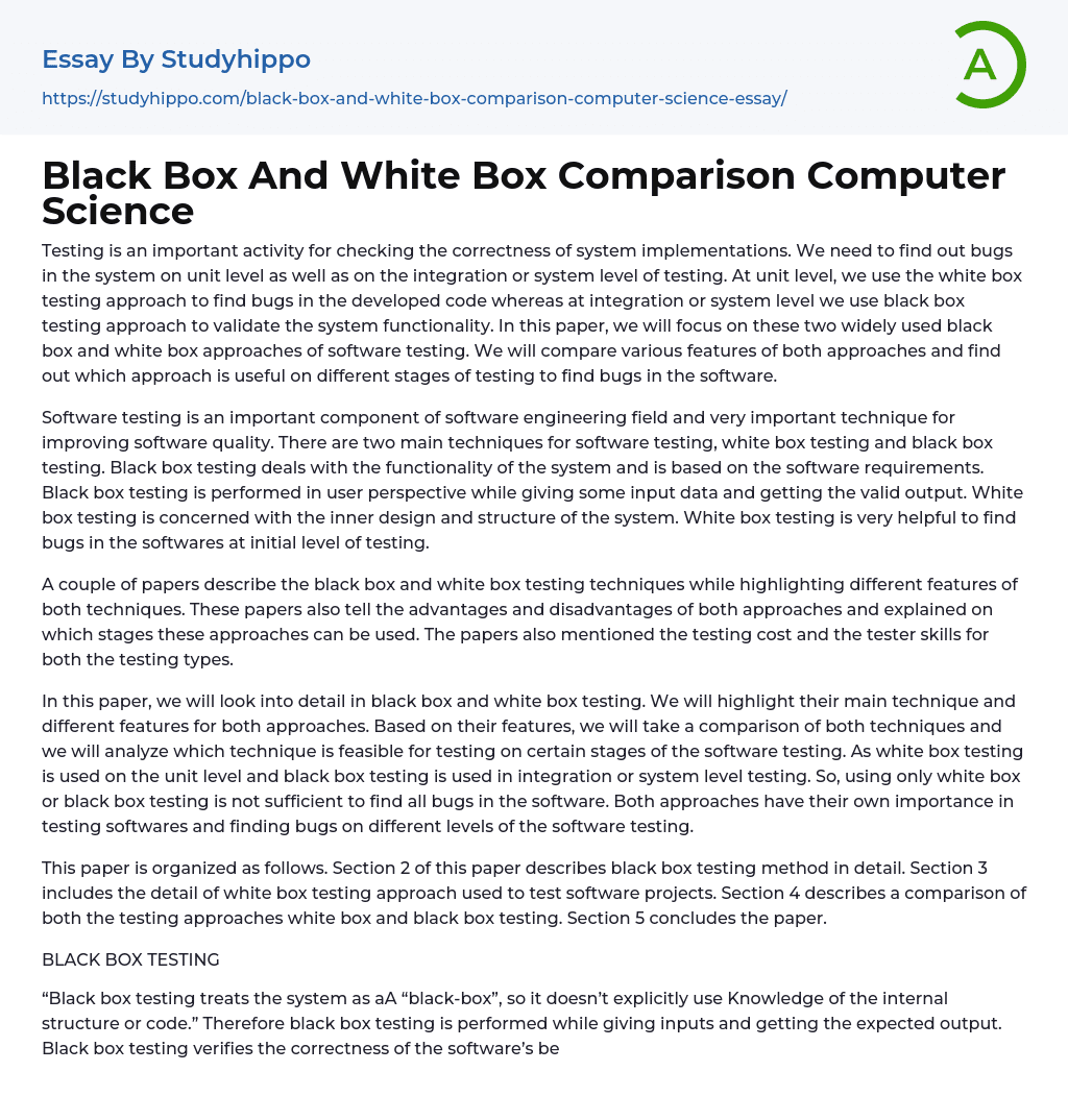 Black Box And White Box Comparison Computer Science Essay Example