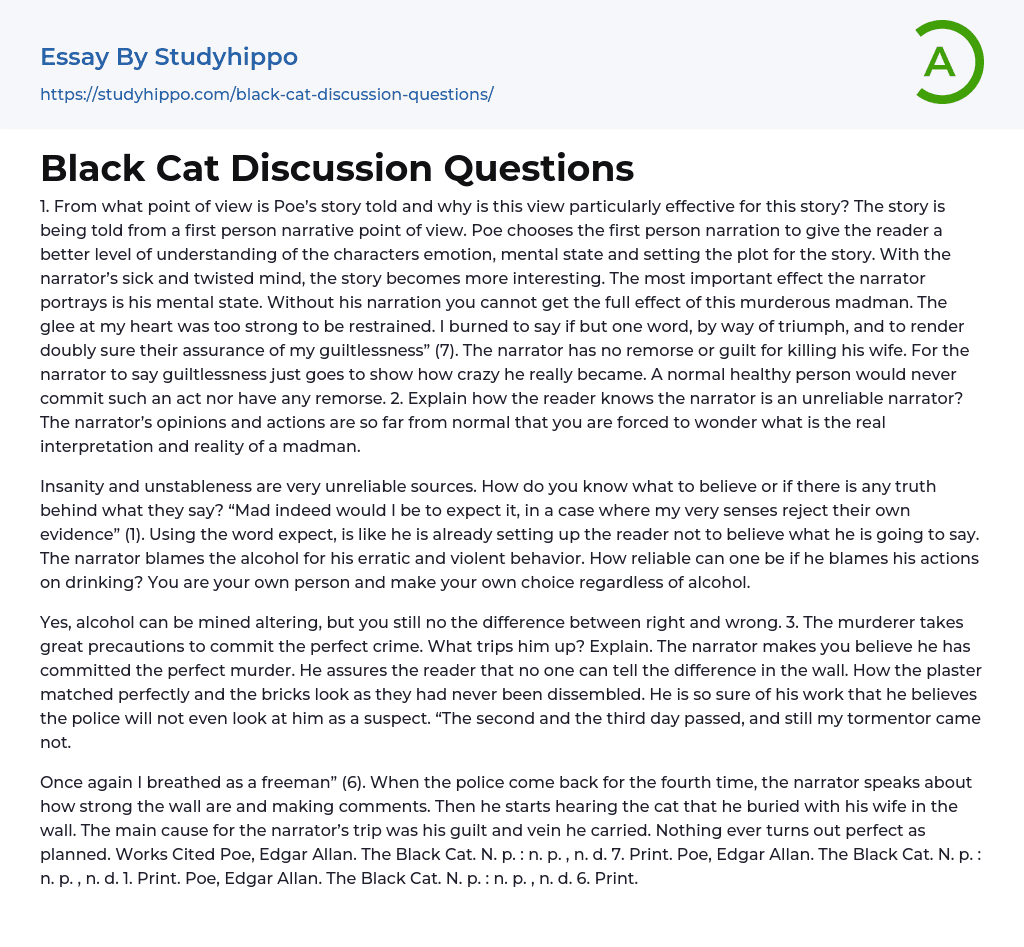 Black Cat Discussion Questions Essay Example