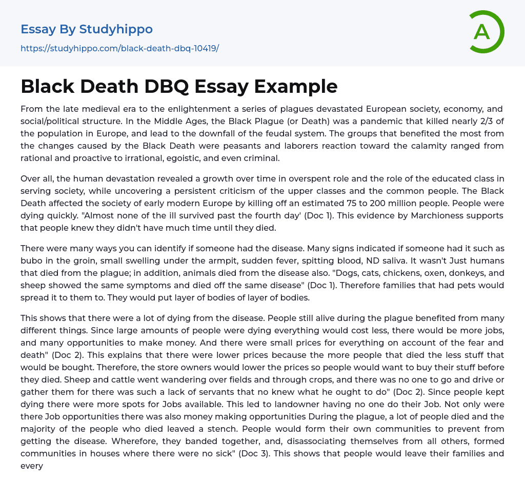 Black Death DBQ Essay Example