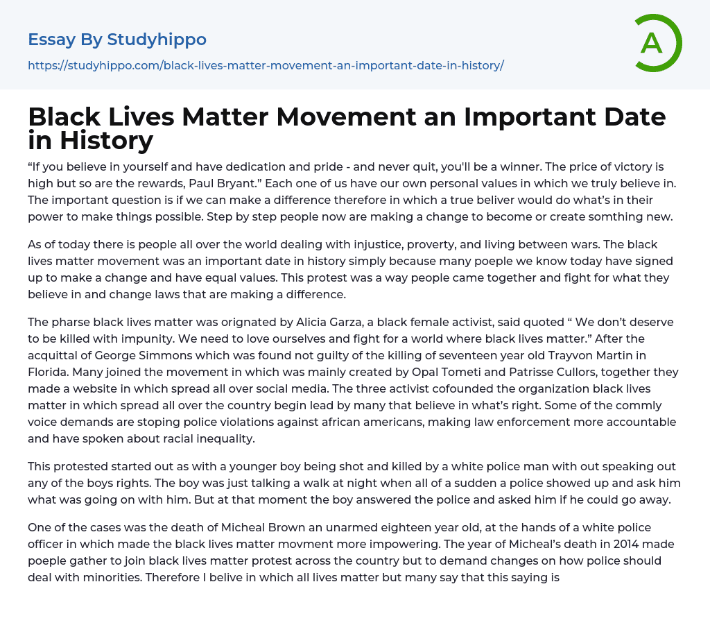 Black Lives Matter Movement an Important Date in History Essay Example