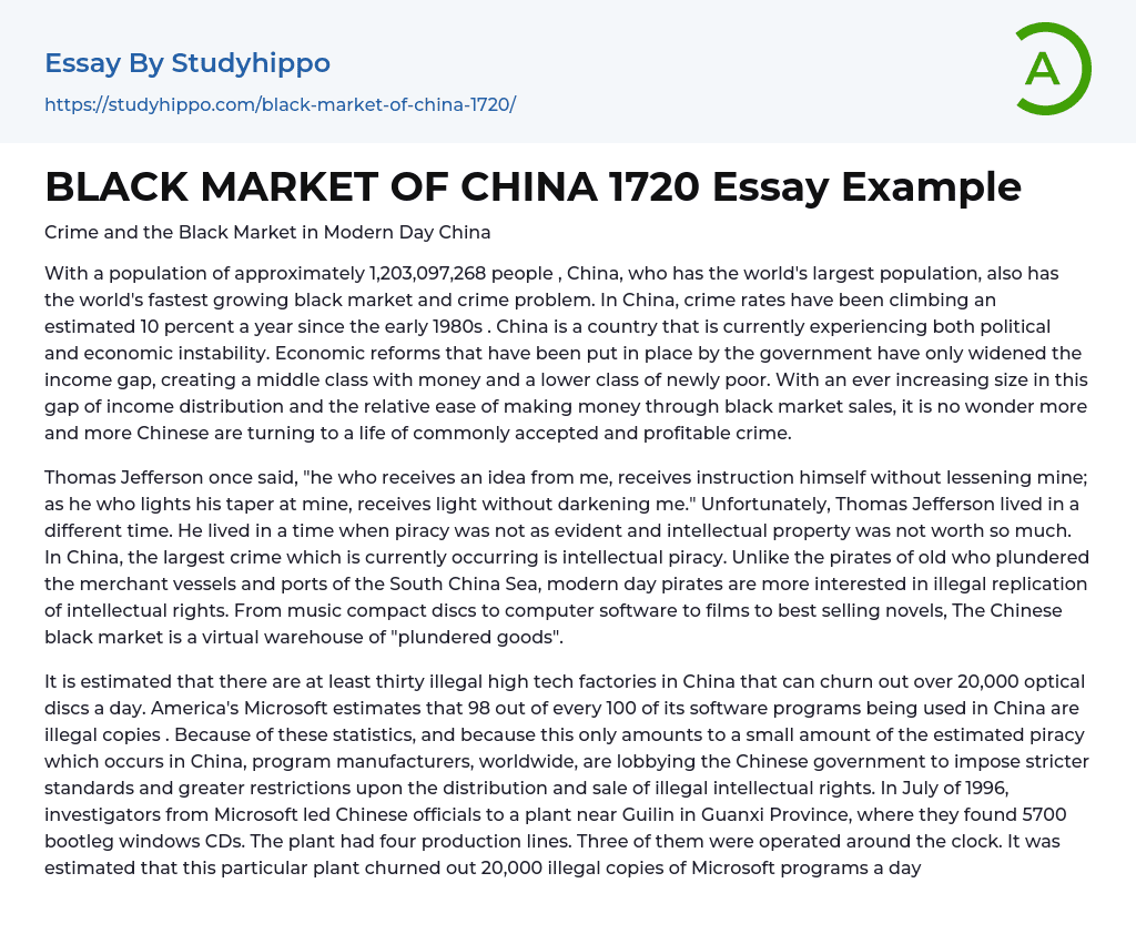 BLACK MARKET OF CHINA 1720 Essay Example