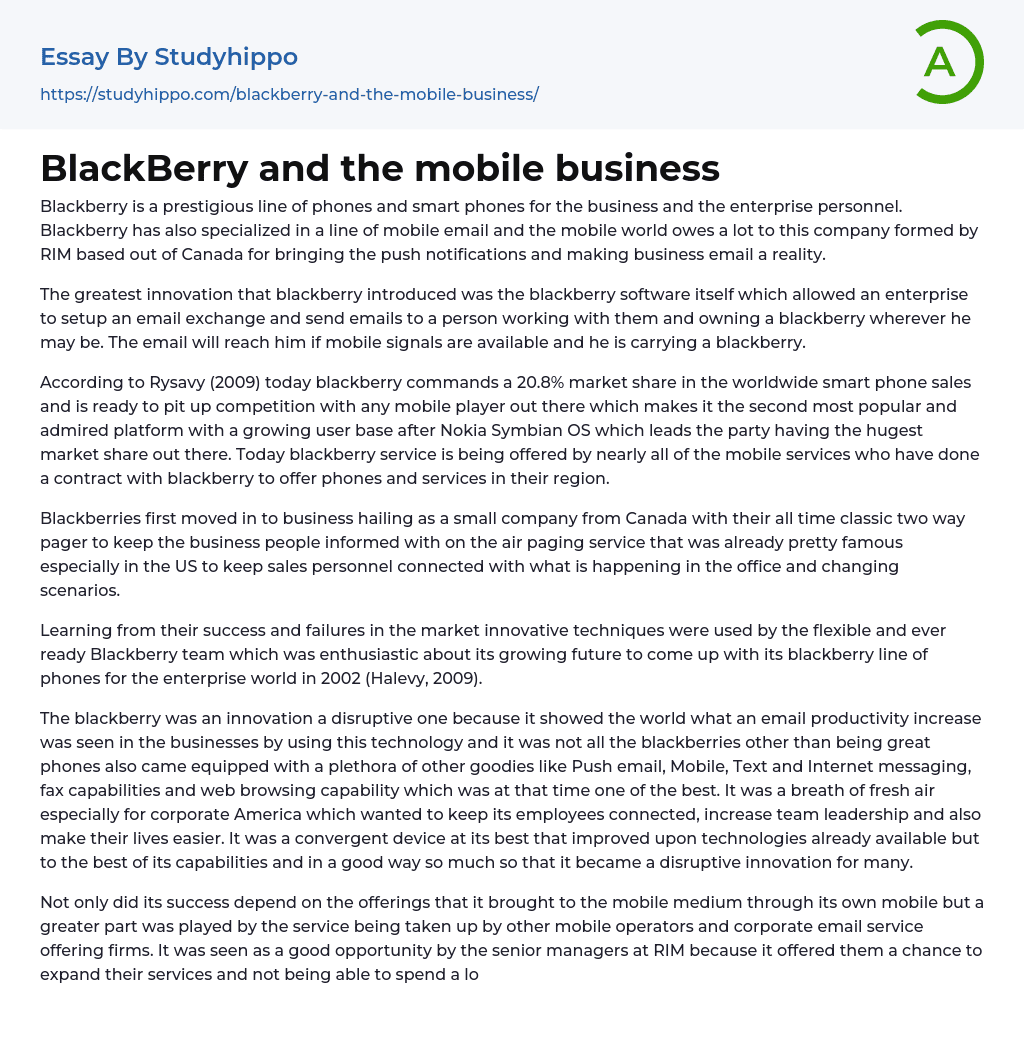 BlackBerry and the mobile business Essay Example