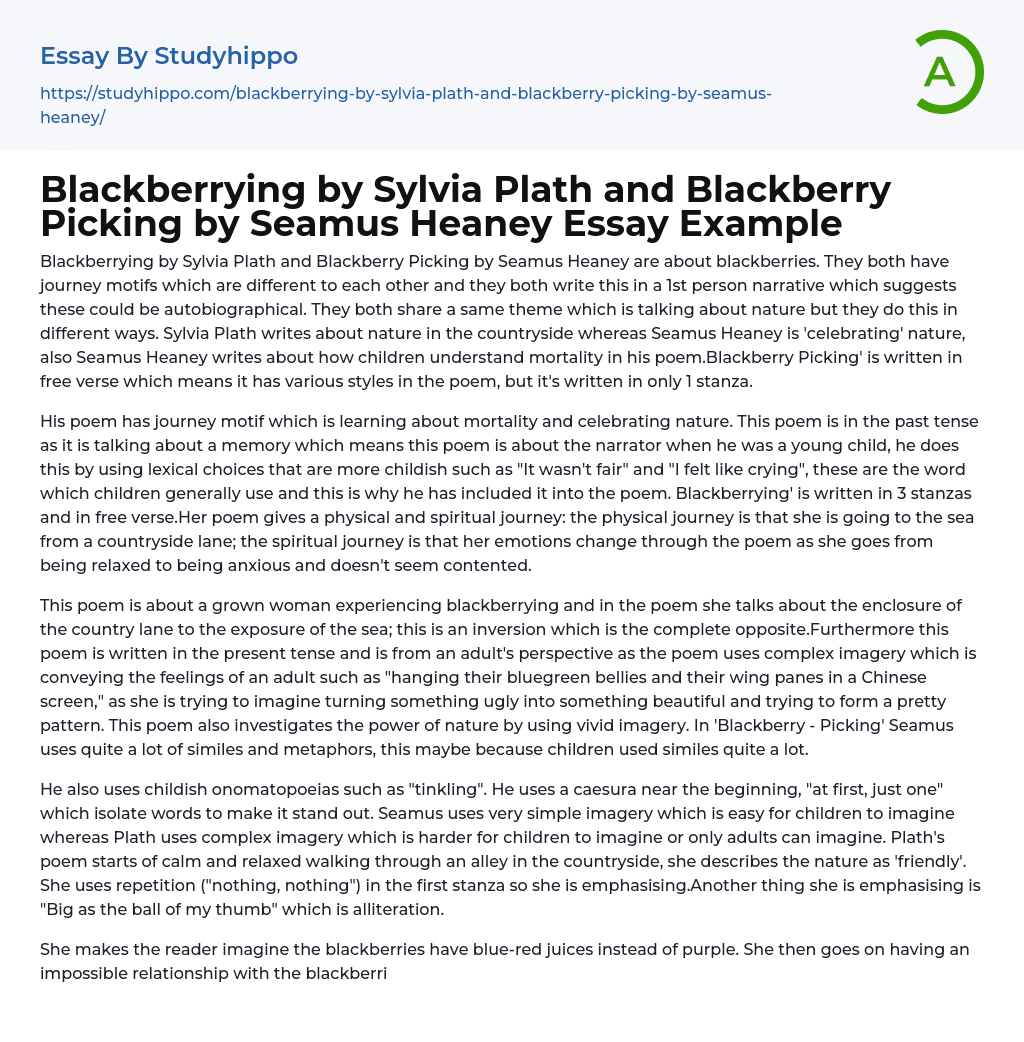 Blackberrying by Sylvia Plath and Blackberry Picking by Seamus Heaney Essay Example