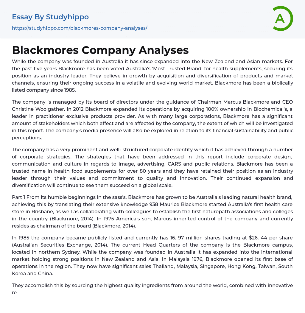 Blackmores Company Analyses Essay Example