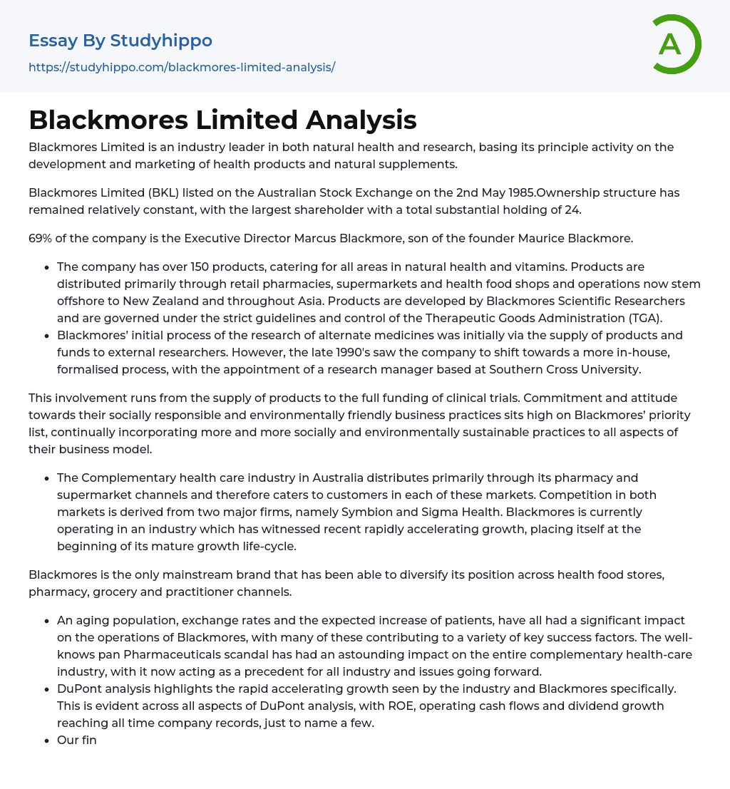 Blackmores Limited Analysis Essay Example