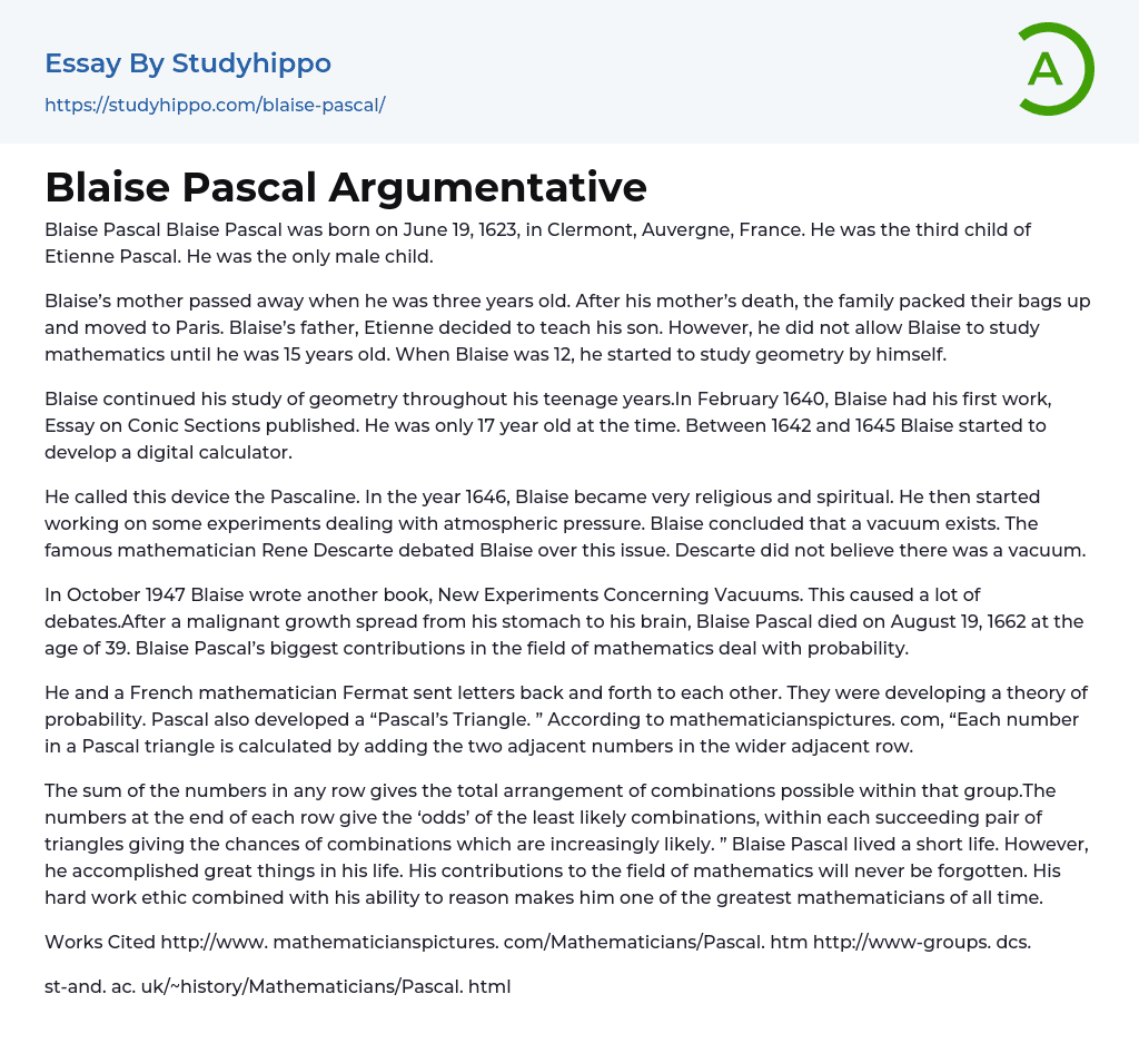 Blaise Pascal Argumentative Essay Example