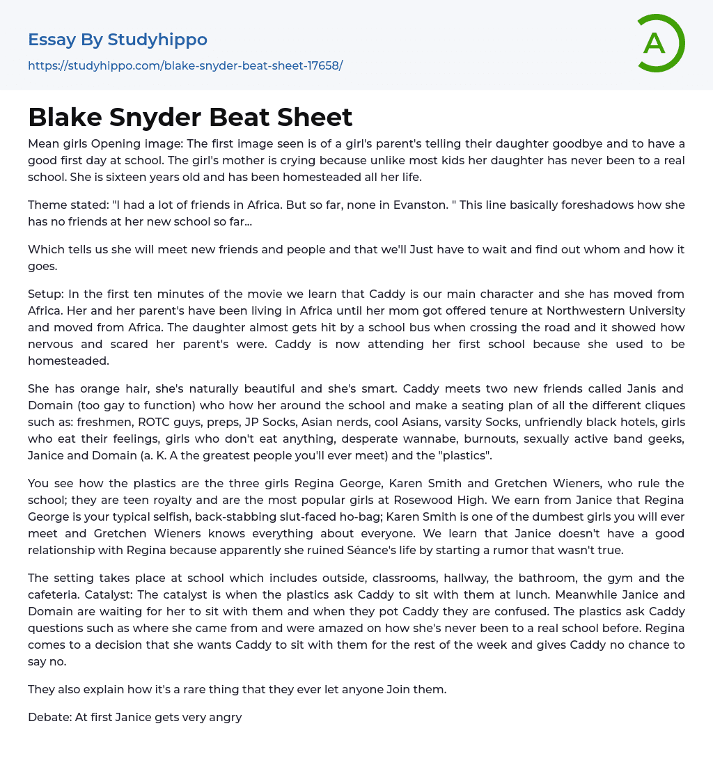 Blake Snyder Beat Sheet Essay Example
