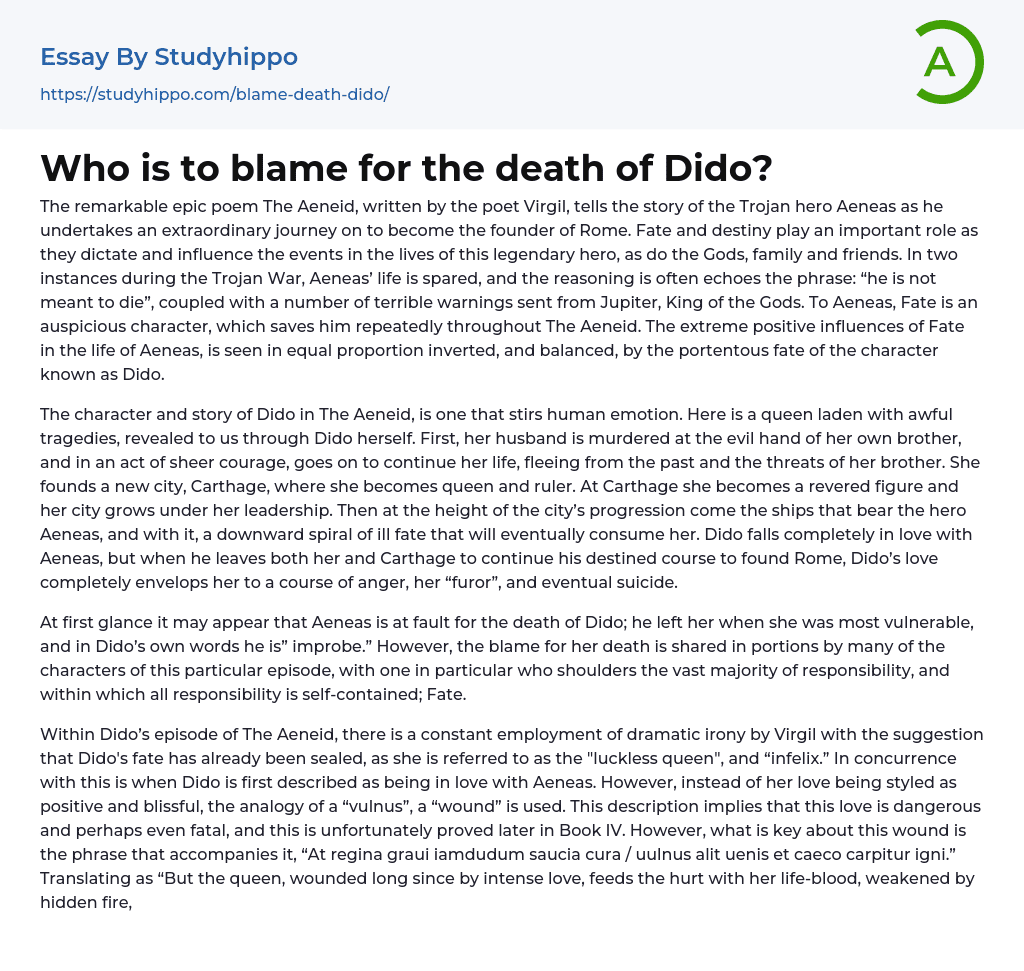 Who is to blame for the death of Dido? Essay Example