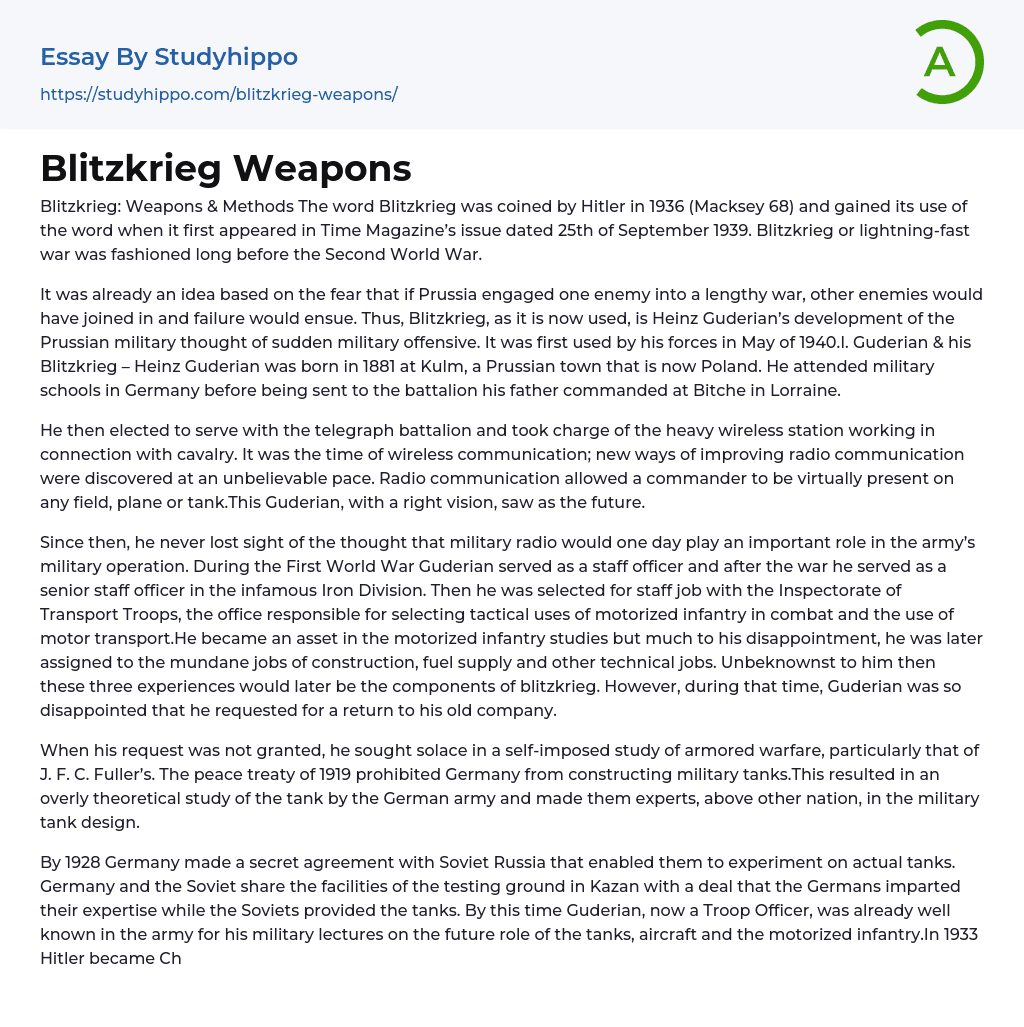 Blitzkrieg Weapons Essay Example