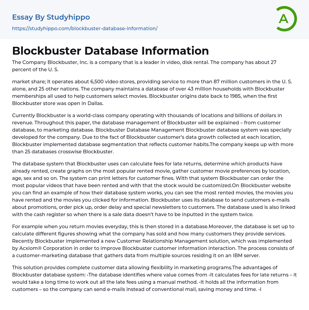 Blockbuster Database Information Essay Example
