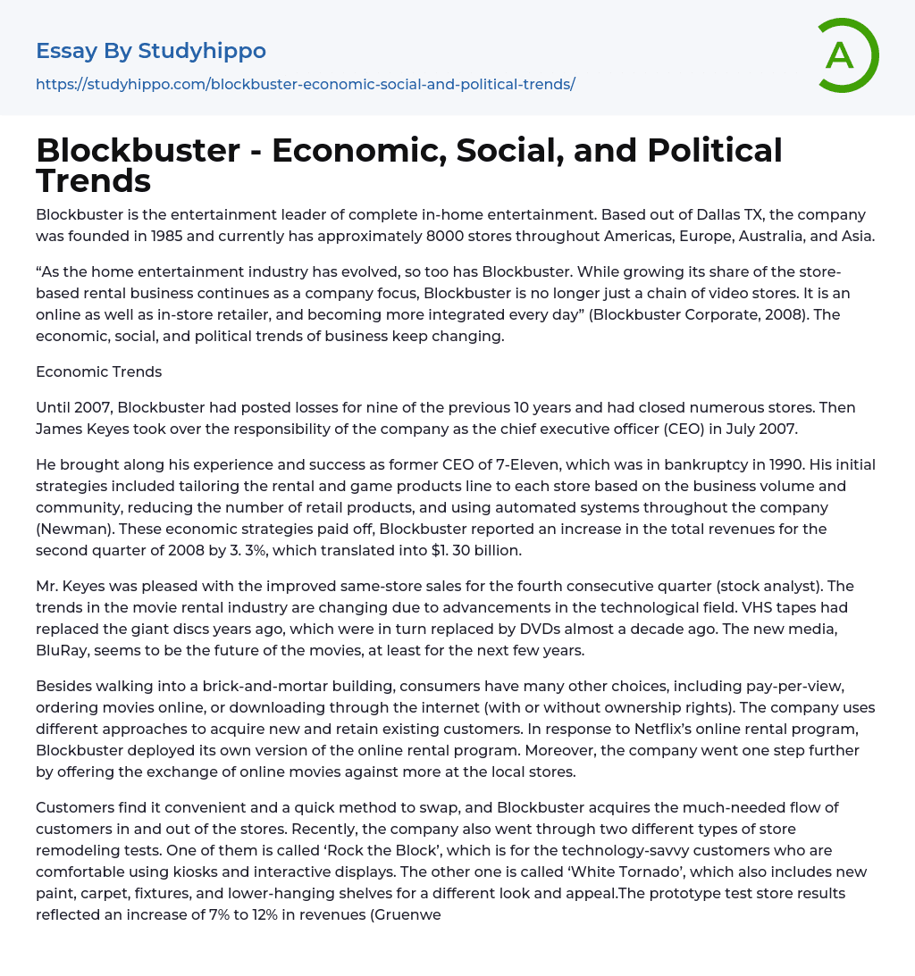 Blockbuster – Economic, Social, and Political Trends Essay Example