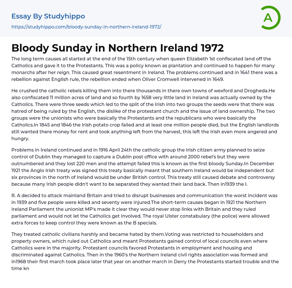 Bloody Sunday in Northern Ireland 1972 Essay Example