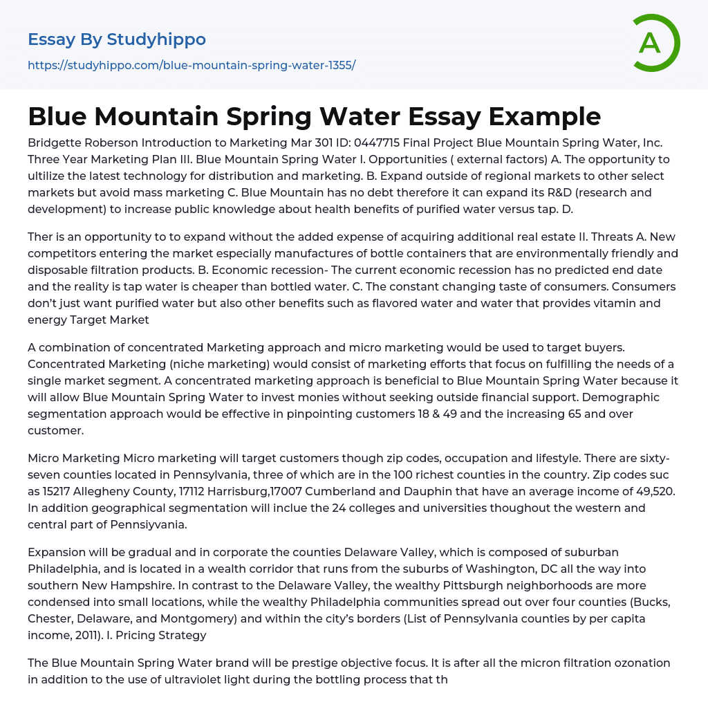 Blue Mountain Spring Water Essay Example