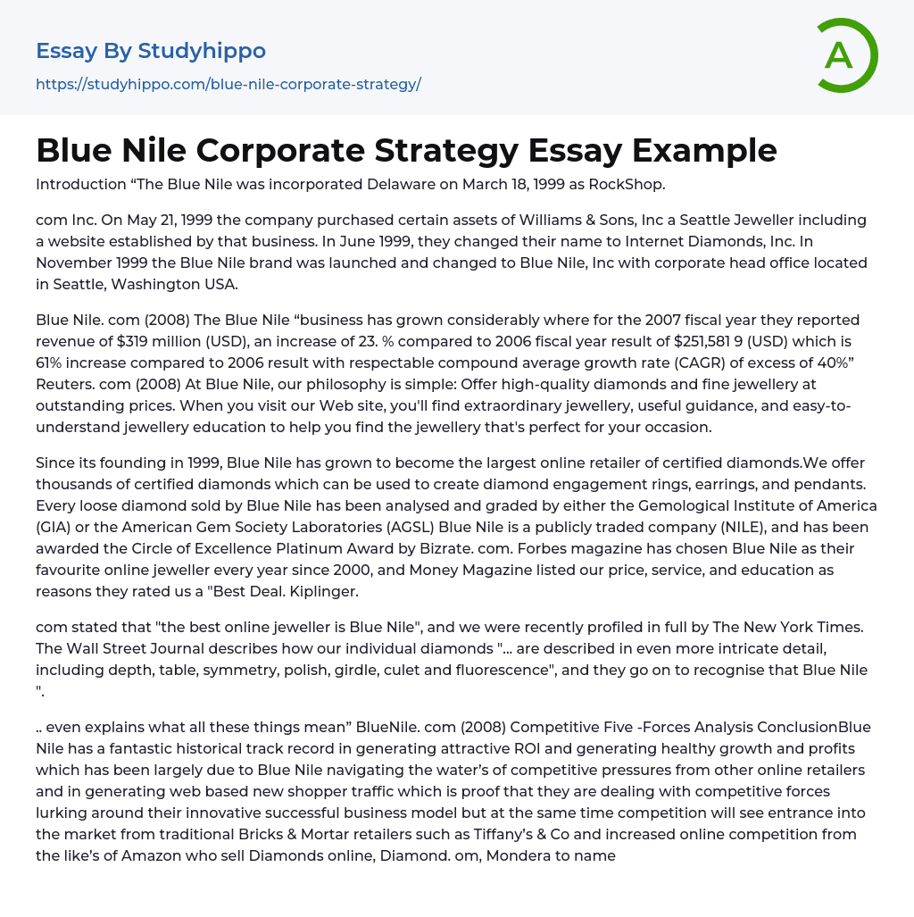 Blue Nile Corporate Strategy Essay Example