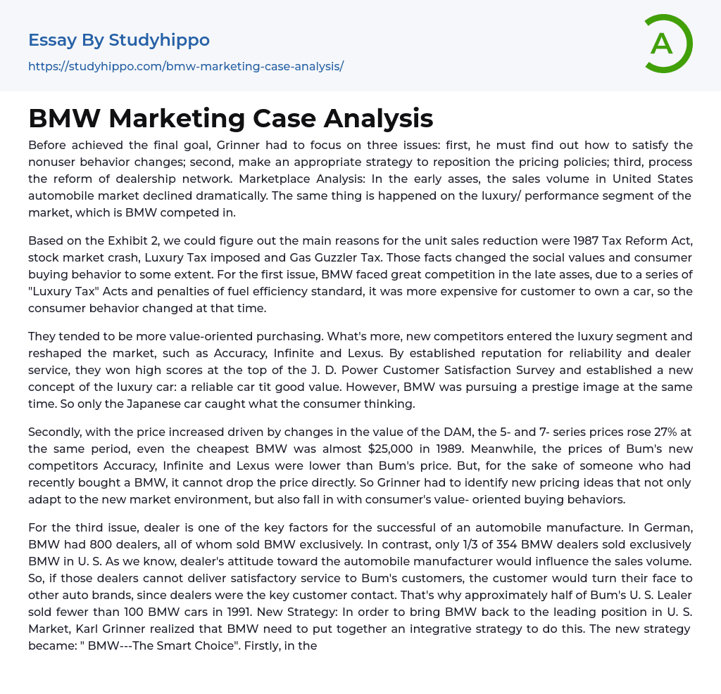 BMW Marketing Case Analysis Essay Example
