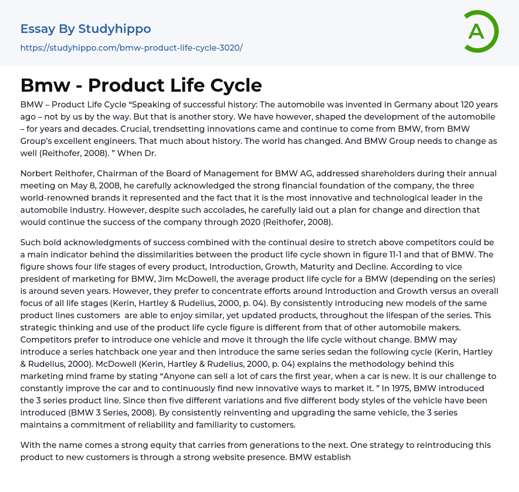 Bmw – Product Life Cycle Essay Example