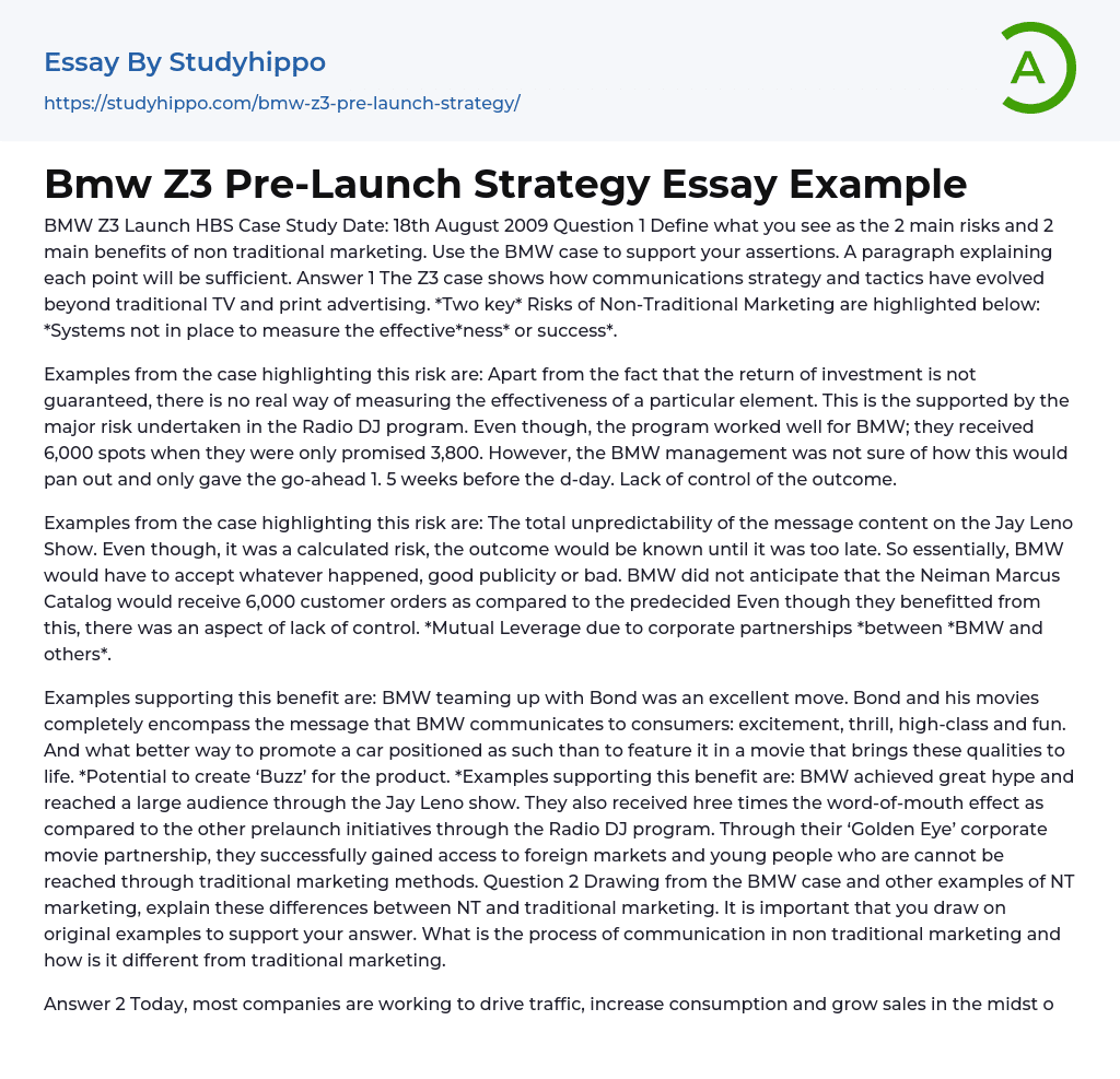 BMW Z3 Launch HBS Case Study Essay Example