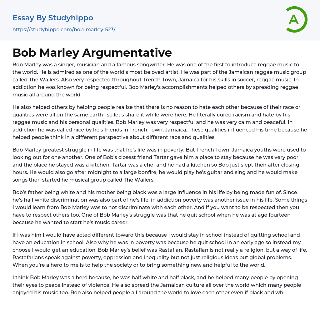 Bob Marley Argumentative Essay Example