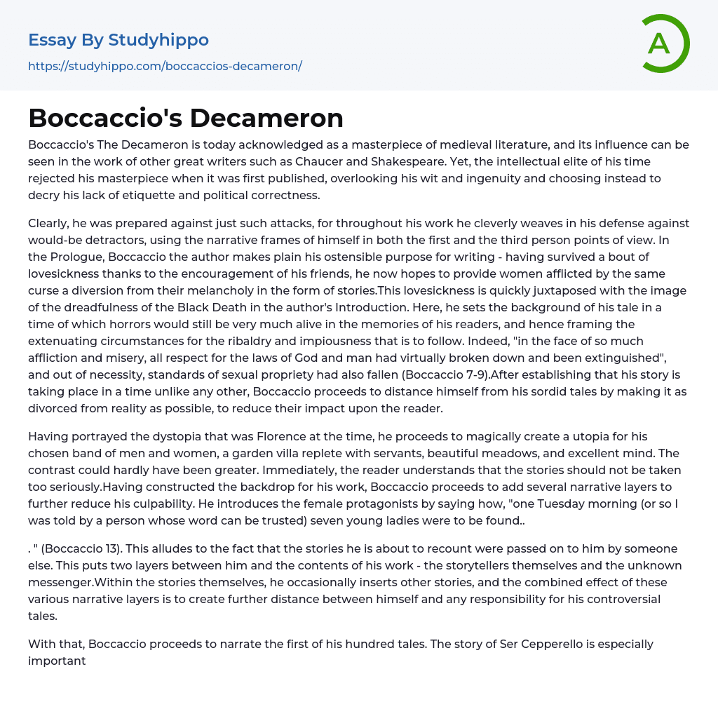Boccaccio’s Decameron Essay Example