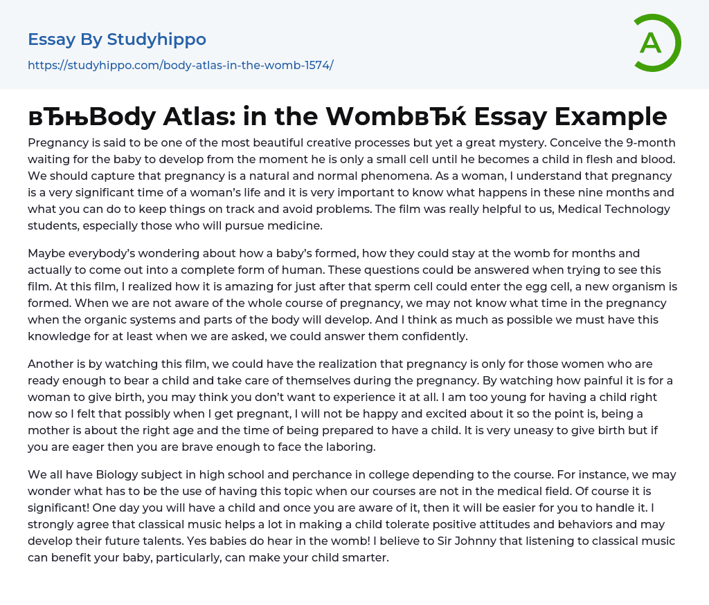 “Body Atlas: in the Womb” Essay Example