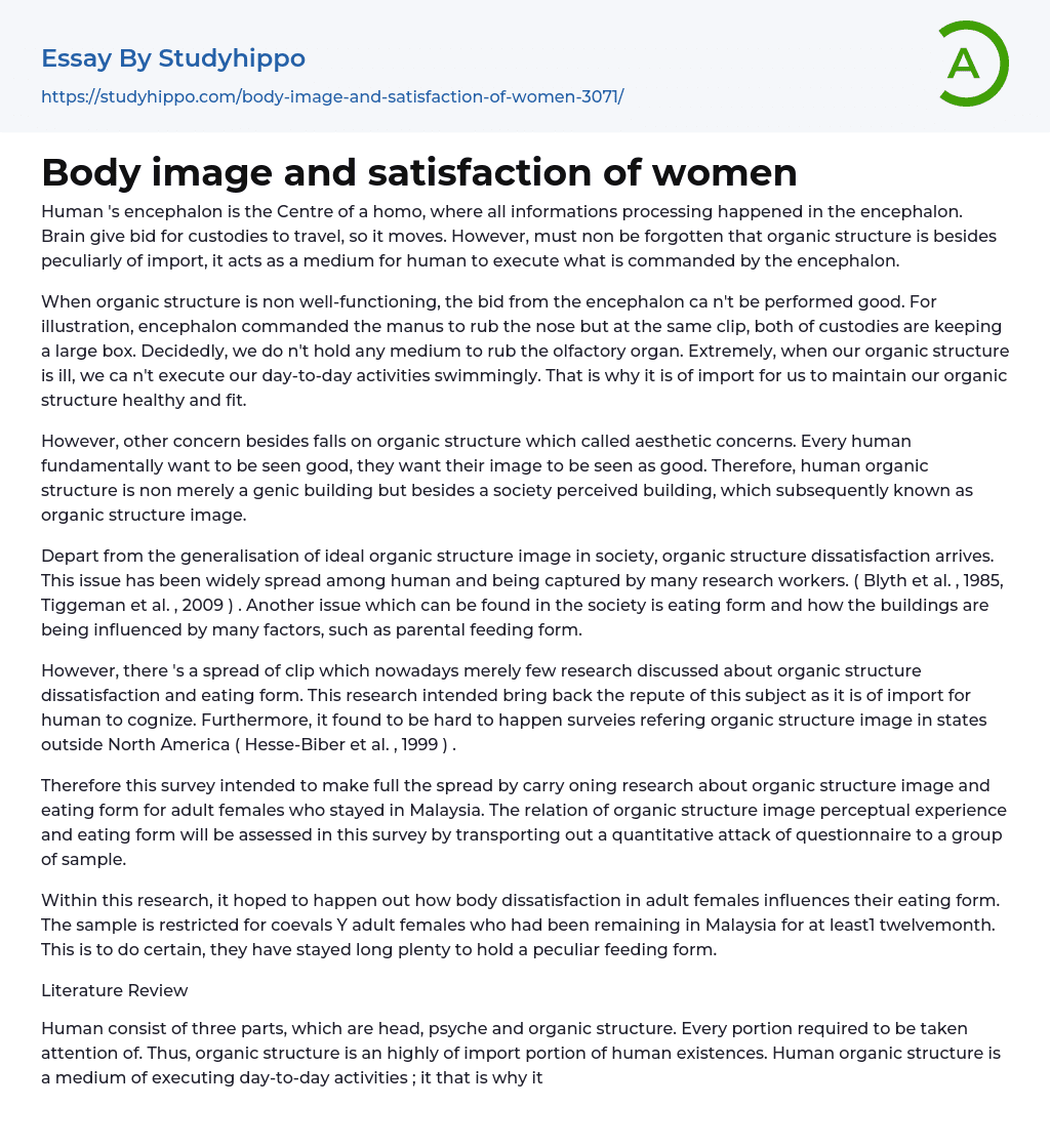 Body image and satisfaction of women Essay Example