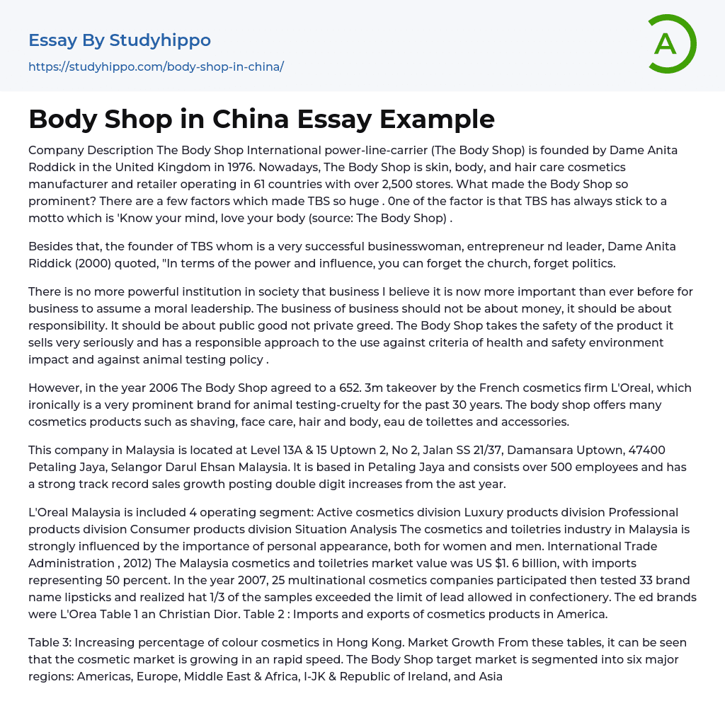Body Shop in China Essay Example