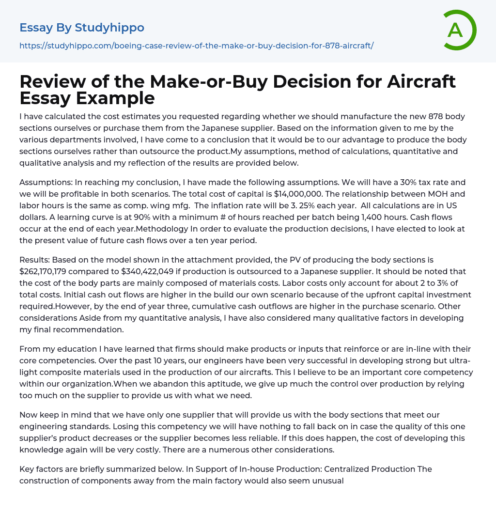 Review of the Make-or-Buy Decision for Aircraft Essay Example