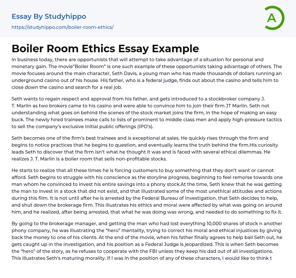 Boiler Room Ethics Essay Example