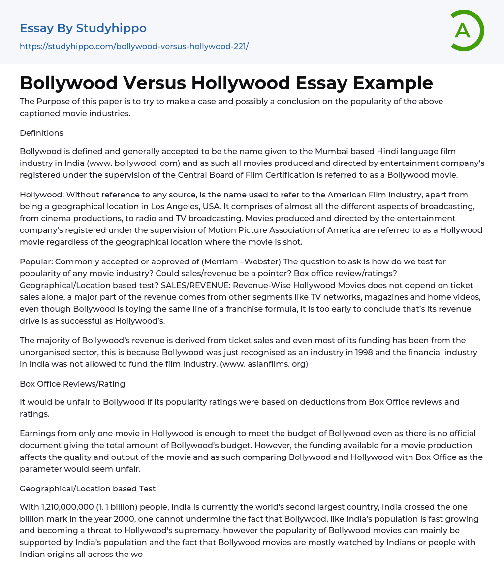 Bollywood Versus Hollywood Essay Example