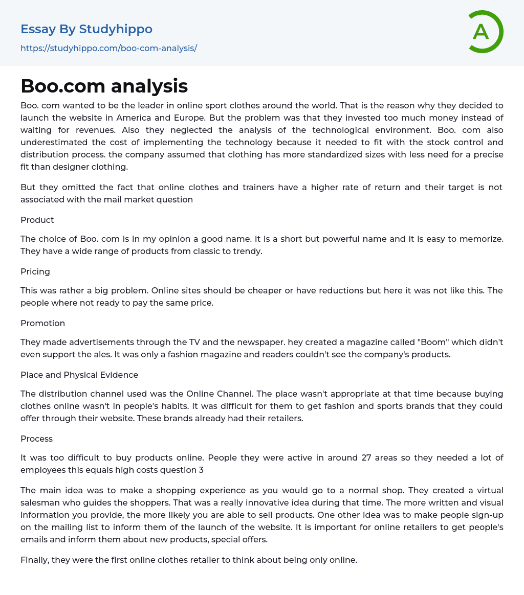 Boo.com analysis Essay Example