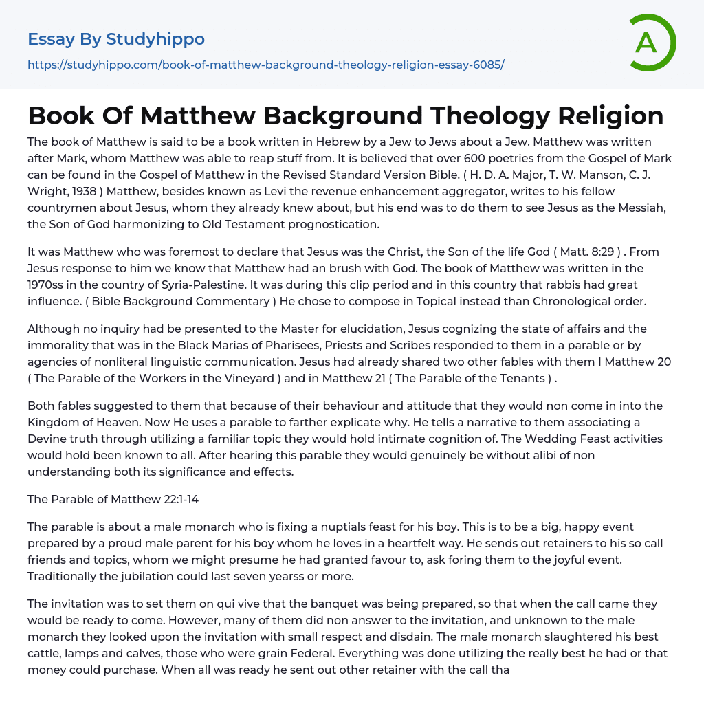 Book Of Matthew Background Theology Religion Essay Example