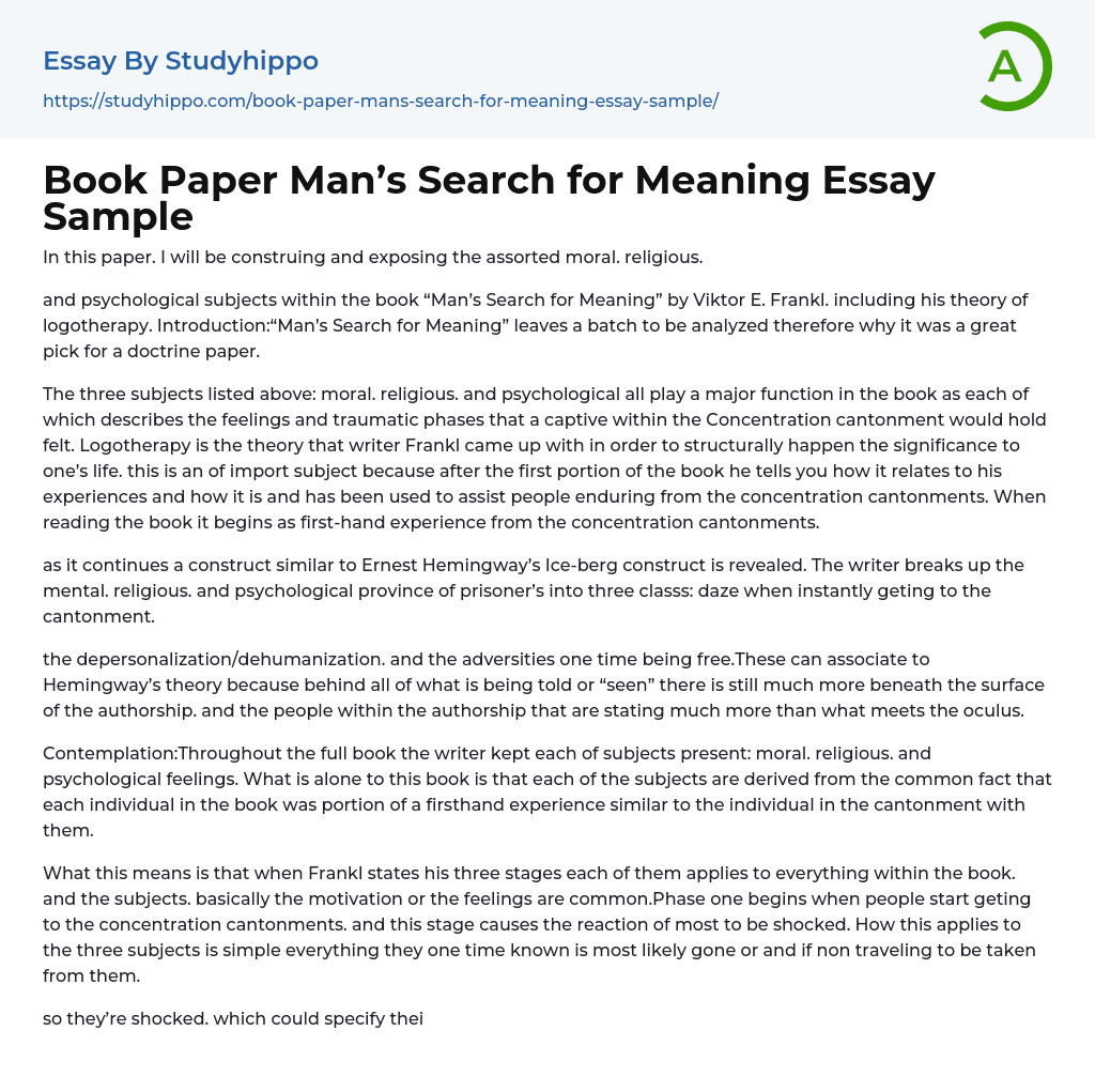 Book Paper Man’s Search for Meaning Essay Sample
