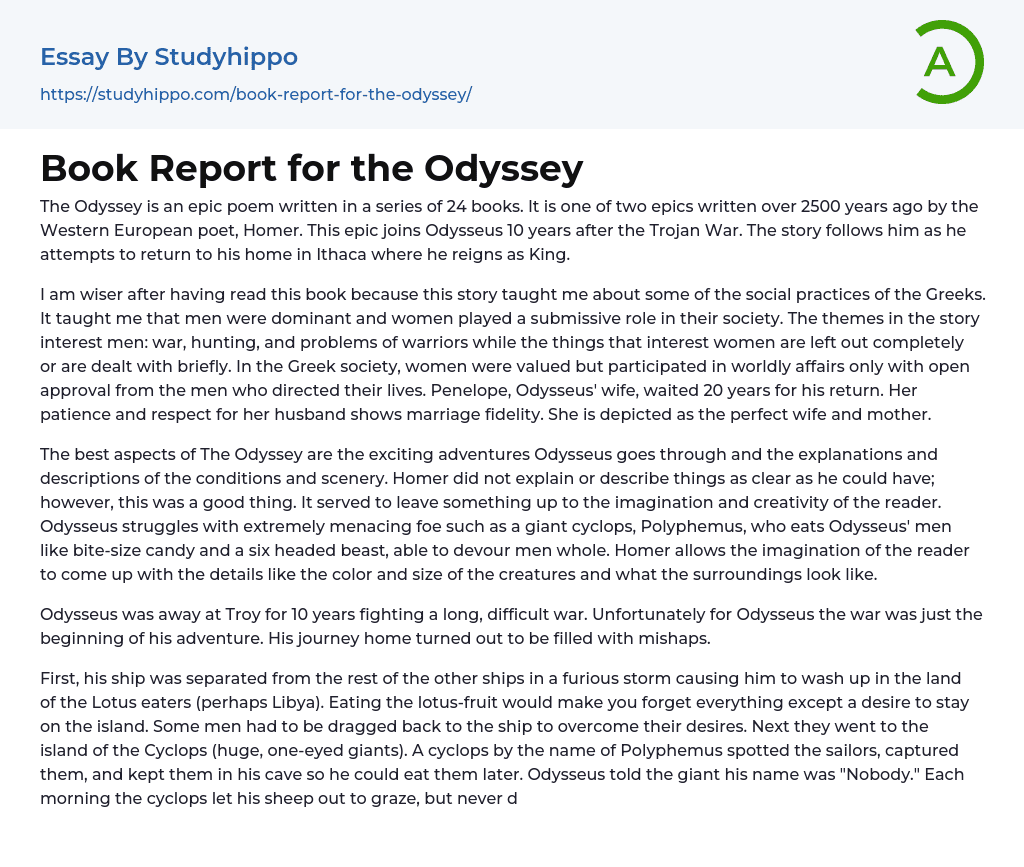 Book Report for the Odyssey Essay Example