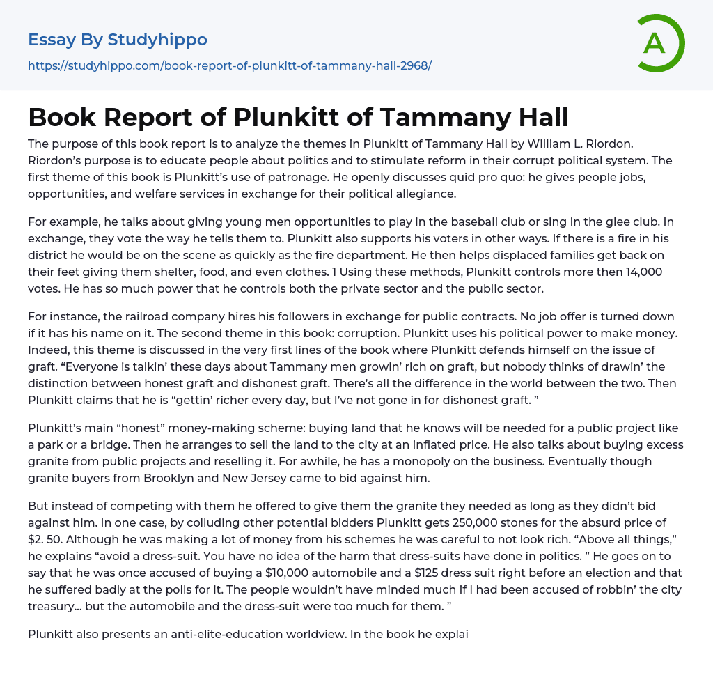 Book Report of Plunkitt of Tammany Hall Essay Example