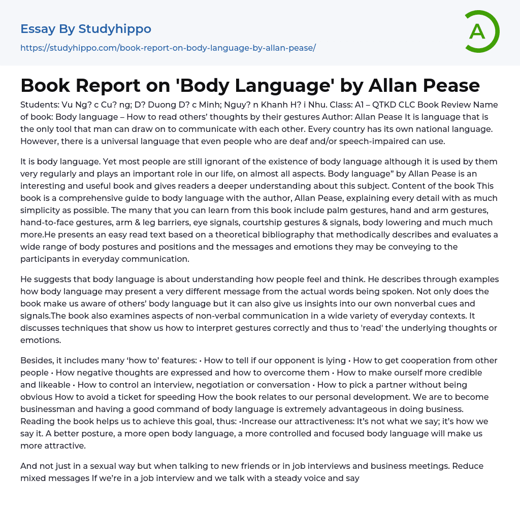 Book Report on “Body Language” by Allan Pease Essay Example
