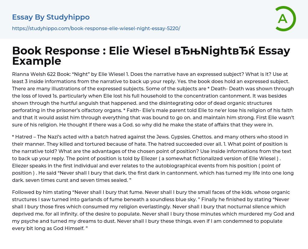 Book Response : Elie Wiesel Night  Essay Example