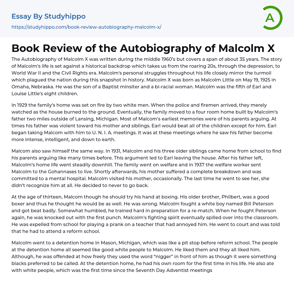 Book Review of the Autobiography of Malcolm X Essay Example