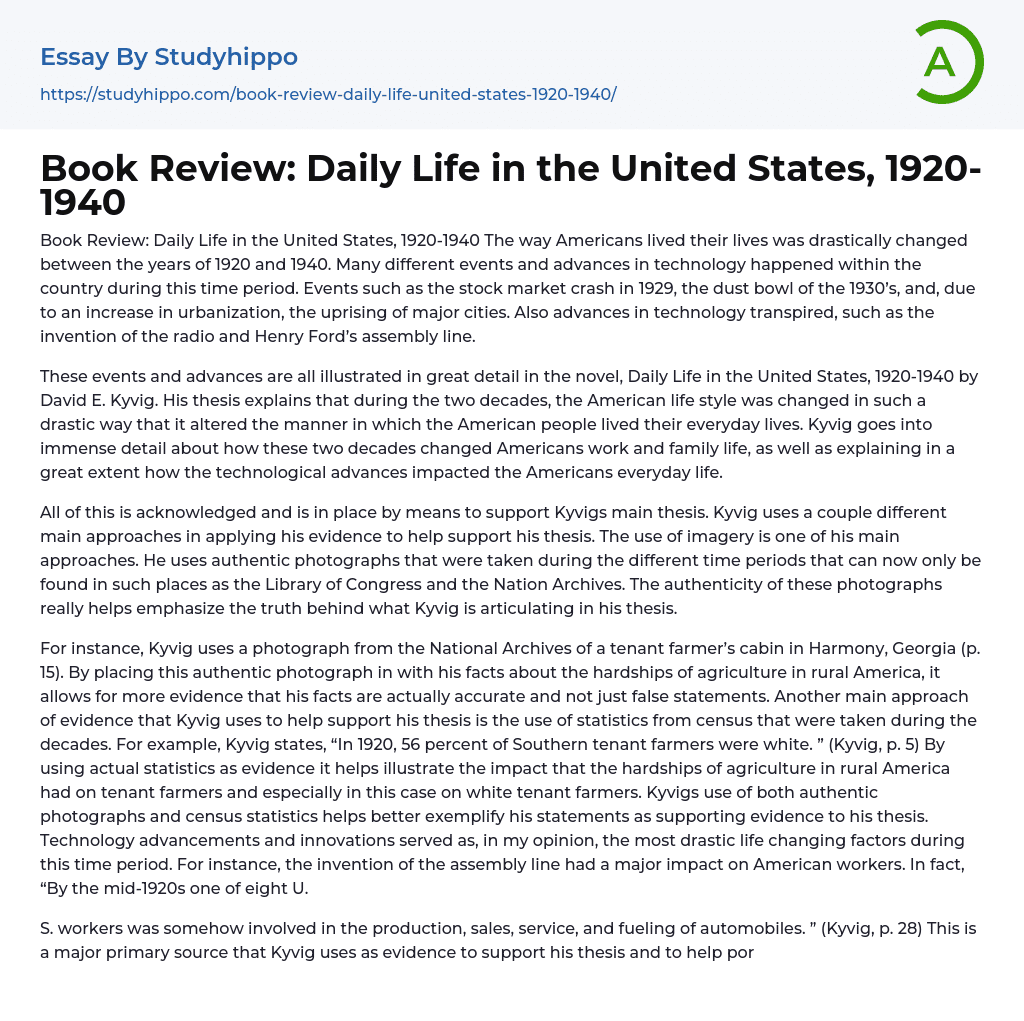 Book Review: Daily Life in the United States, 1920-1940 Essay Example